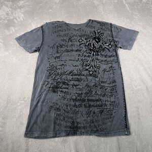 Raw State Shirt Mens Medium Gray Gothic Cross Graphic Acid Wash Allover Tee Y2K